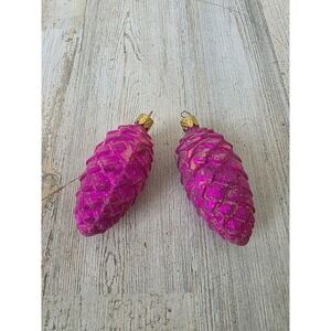 Vintage Christborn pink pine cone glitter glass ornament set Xmas tree